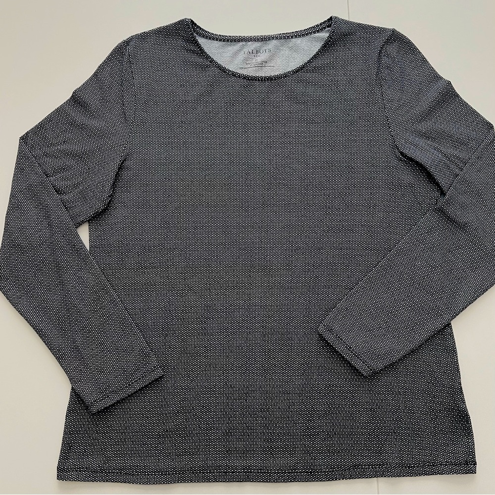 Talbots Women’s Black Printed Stretch Crewneck Long Sleeve Top Size Medium